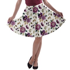 Pretty Dark Magenta Flowers A-line Skater Skirt by designsbymallika