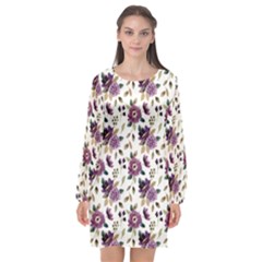 Pretty Dark Magenta Flowers Long Sleeve Chiffon Shift Dress 