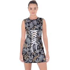 Metallic Leaves Pattern Lace Up Front Bodycon Dress by designsbymallika