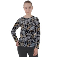 Metallic Leaves Pattern Women s Long Sleeve Raglan Tee