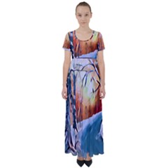 Paysage D hiver High Waist Short Sleeve Maxi Dress by sfbijiart