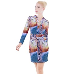 Paysage D hiver Button Long Sleeve Dress by sfbijiart