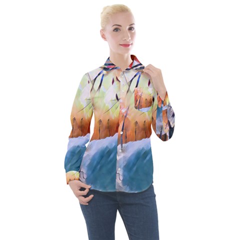 Paysage D hiver Women s Long Sleeve Pocket Shirt by sfbijiart