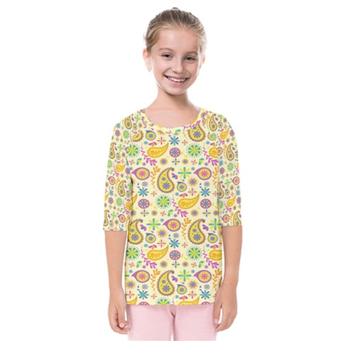 Paisley Print Yellow Kids  Quarter Sleeve Raglan Tee by designsbymallika