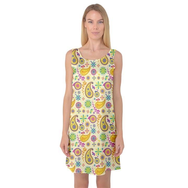 Paisley Print Yellow Sleeveless Satin Nightdress