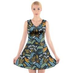 Tropical Bird Pattern V-neck Sleeveless Dress by designsbymallika