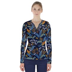 Tropical Bird Pattern V-neck Long Sleeve Top by designsbymallika