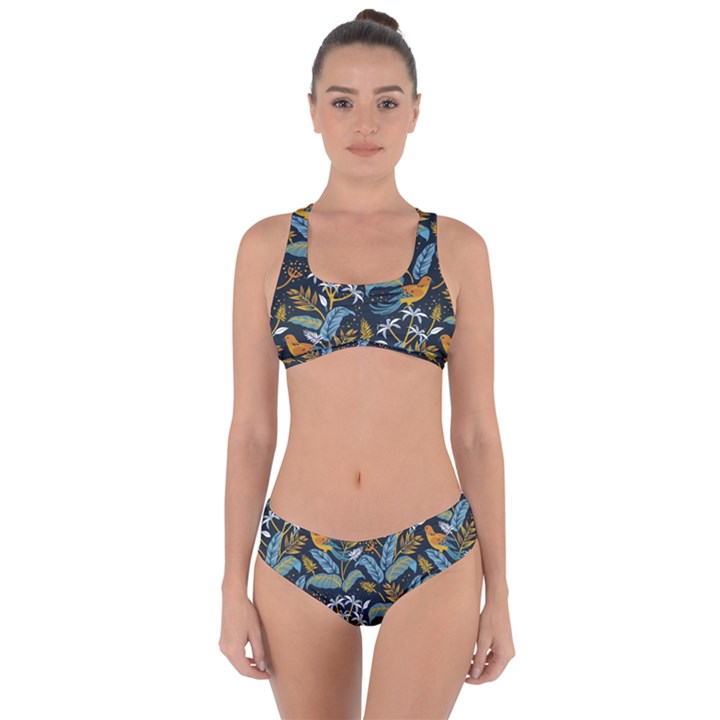 Tropical Bird Pattern Criss Cross Bikini Set