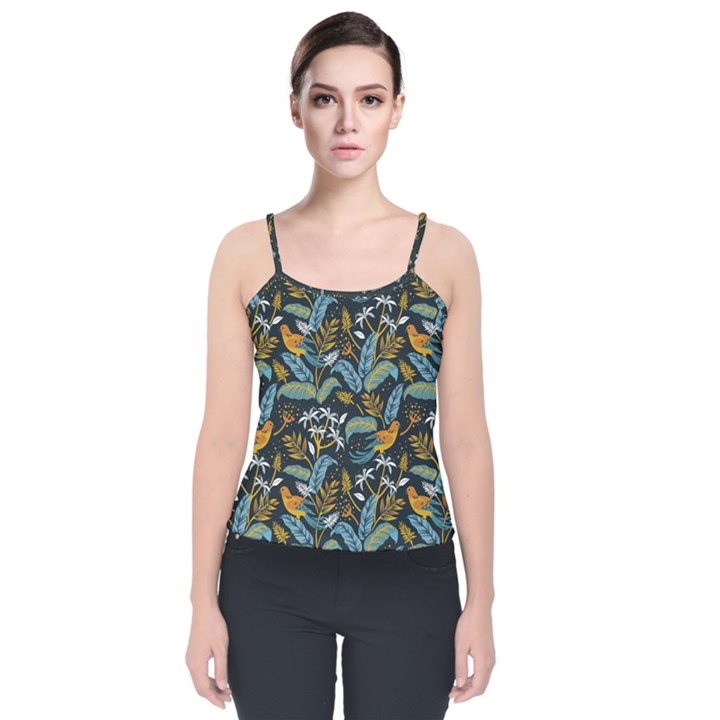 Tropical Bird Pattern Velvet Spaghetti Strap Top