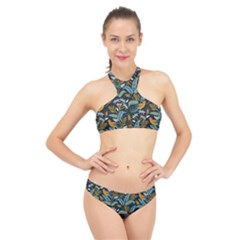 Tropical Bird Pattern High Neck Bikini Set by designsbymallika