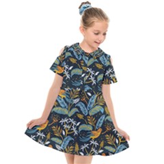 Tropical Bird Pattern Kids  Short Sleeve Shirt Dress by designsbymallika