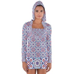 Blue Tile Pattern Long Sleeve Hooded T-shirt by designsbymallika