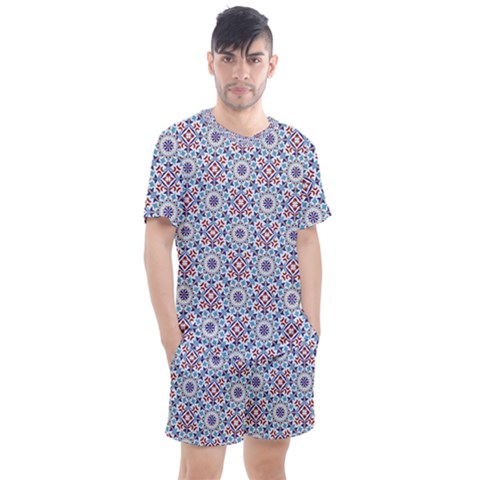 Blue Tile Pattern Men s Mesh Tee And Shorts Set by designsbymallika