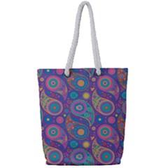 Baatik Purple Print Full Print Rope Handle Tote (small) by designsbymallika