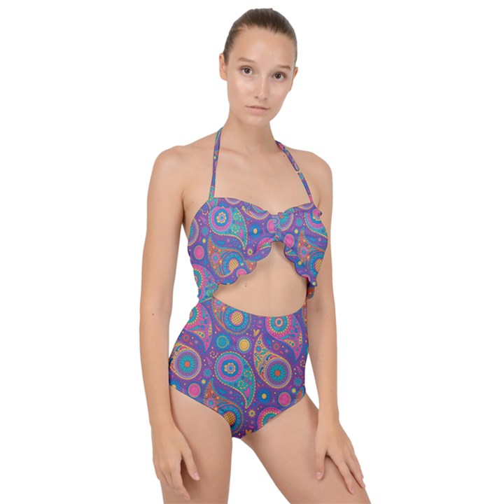 Baatik Purple Print Scallop Top Cut Out Swimsuit