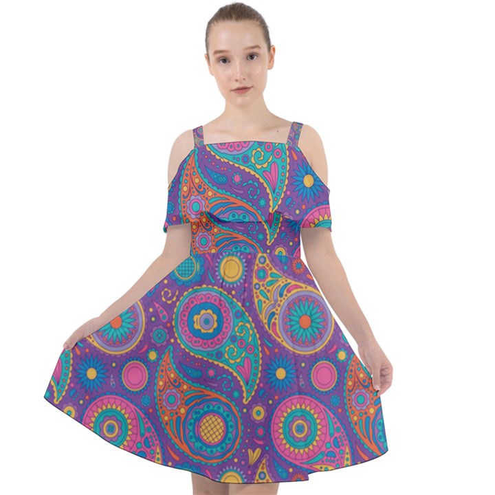 Baatik Purple Print Cut Out Shoulders Chiffon Dress