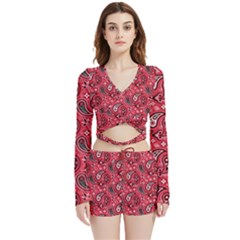 Baatik Red Pattern Velvet Wrap Crop Top And Shorts Set by designsbymallika