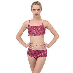 Baatik Red Pattern Layered Top Bikini Set by designsbymallika