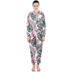 Tropical Leaves Pattern Hooded Jumpsuit (ladies)  by designsbymallika