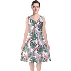 Tropical Leaves Pattern V-neck Midi Sleeveless Dress  by designsbymallika