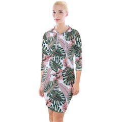 Tropical Leaves Pattern Quarter Sleeve Hood Bodycon Dress by designsbymallika