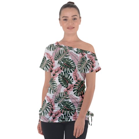 Tropical Leaves Pattern Off Shoulder Tie-up Tee by designsbymallika