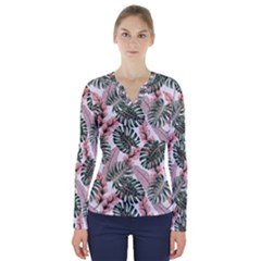 Tropical Leaves Pattern V-neck Long Sleeve Top by designsbymallika