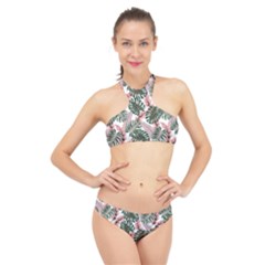 Tropical Leaves Pattern High Neck Bikini Set by designsbymallika