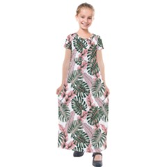 Tropical Leaves Pattern Kids  Short Sleeve Maxi Dress by designsbymallika