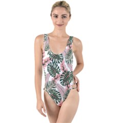 Tropical Leaves Pattern High Leg Strappy Swimsuit by designsbymallika