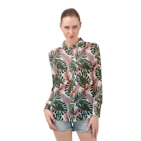 Tropical Leaves Pattern Long Sleeve Chiffon Shirt by designsbymallika