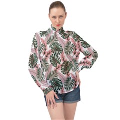 Tropical Leaves Pattern High Neck Long Sleeve Chiffon Top by designsbymallika