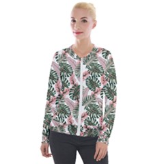 Tropical Leaves Pattern Velvet Zip Up Jacket by designsbymallika