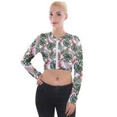 Tropical Leaves Pattern Long Sleeve Cropped Velvet Jacket by designsbymallika