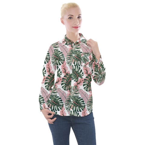 Tropical Leaves Pattern Women s Long Sleeve Pocket Shirt by designsbymallika