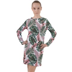 Tropical Leaves Pattern Long Sleeve Hoodie Dress by designsbymallika