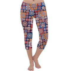 Mandala Pattern Blue Color Capri Yoga Leggings by designsbymallika