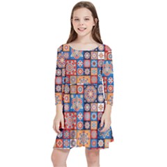 Mandala Pattern Blue Color Kids  Quarter Sleeve Skater Dress by designsbymallika