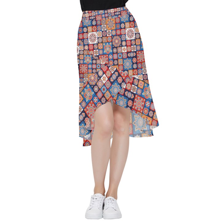 Mandala Pattern Blue Color Frill Hi Low Chiffon Skirt