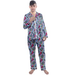 Blue Paisley Print Men s Long Sleeve Satin Pajamas Set by designsbymallika