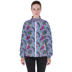 Blue Paisley Print Women s High Neck Windbreaker by designsbymallika