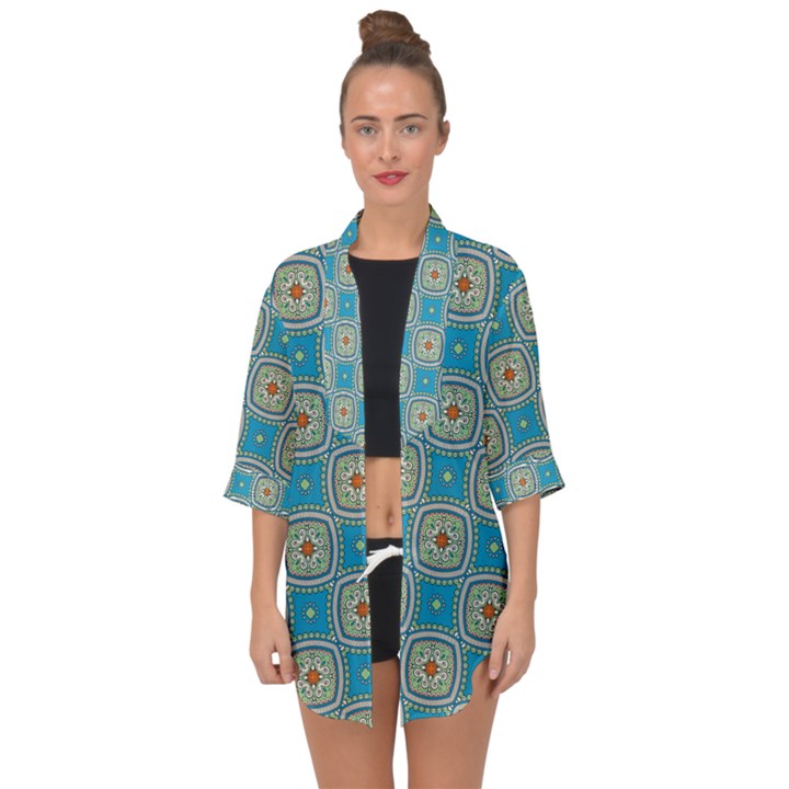 Traditional Indian Pattern Open Front Chiffon Kimono