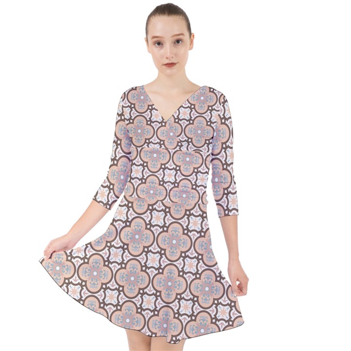 Ornamental Pattern 3 Quarter Sleeve Front Wrap Dress