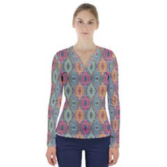 Mandala Baatik Print V-neck Long Sleeve Top by designsbymallika