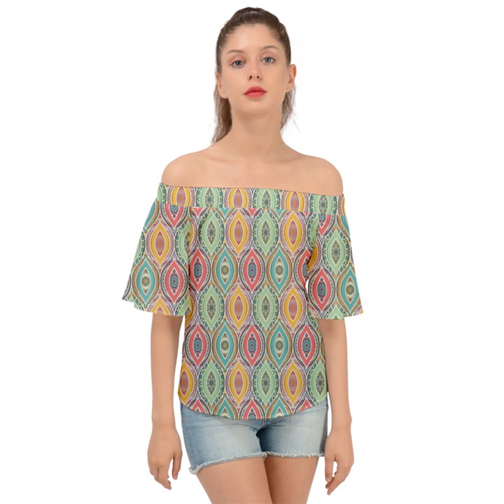 Mandala Baatik Print Off Shoulder Short Sleeve Top