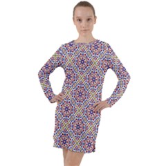 Antique Tile Pattern Long Sleeve Hoodie Dress