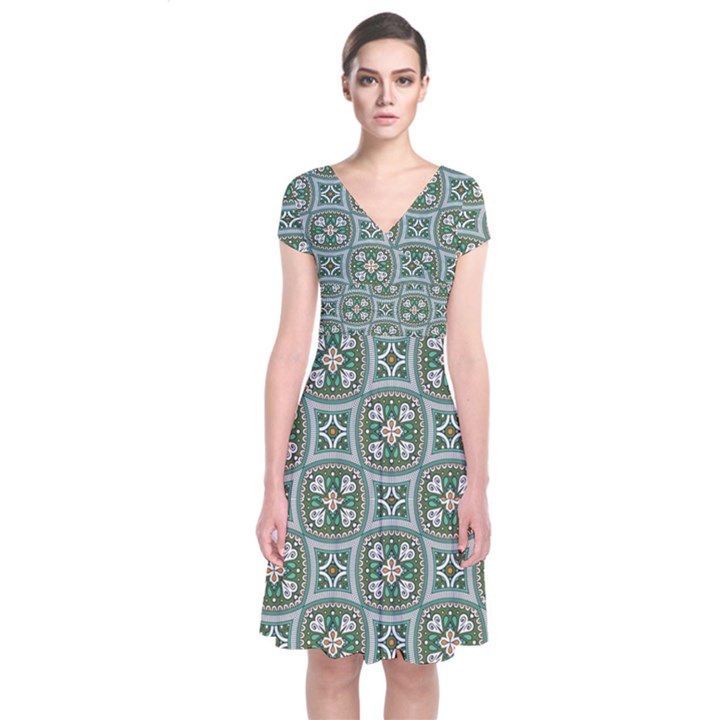 Ornamental Pattern Short Sleeve Front Wrap Dress