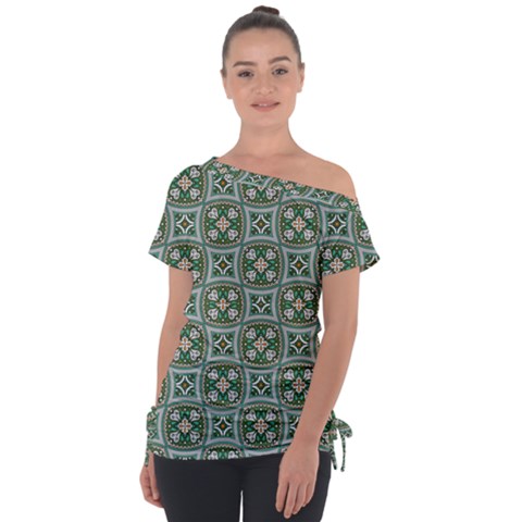 Ornamental Pattern Off Shoulder Tie-up Tee by designsbymallika