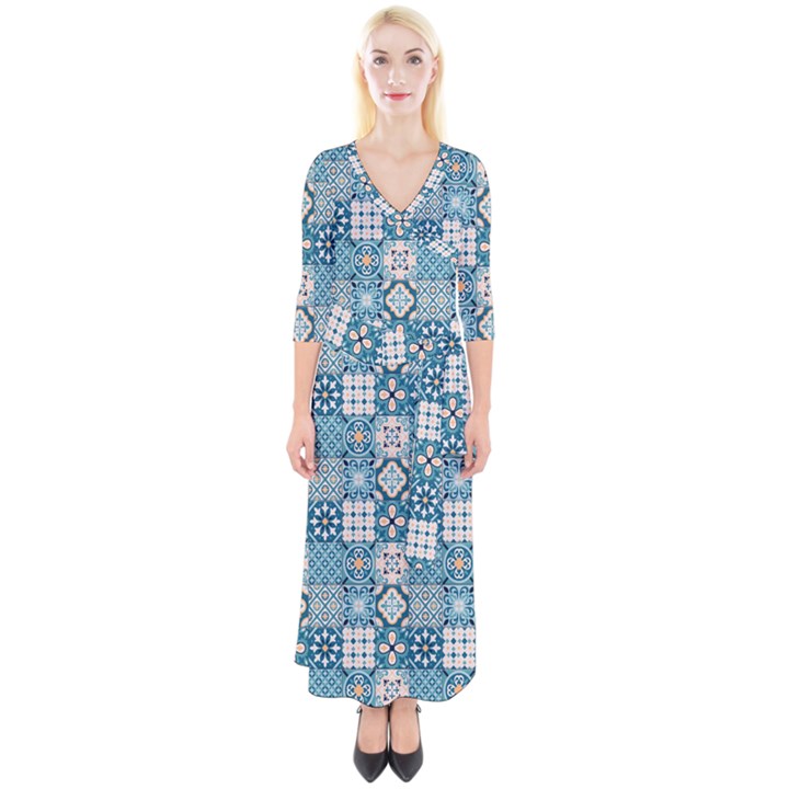 Ceramic Tile Pattern Quarter Sleeve Wrap Maxi Dress