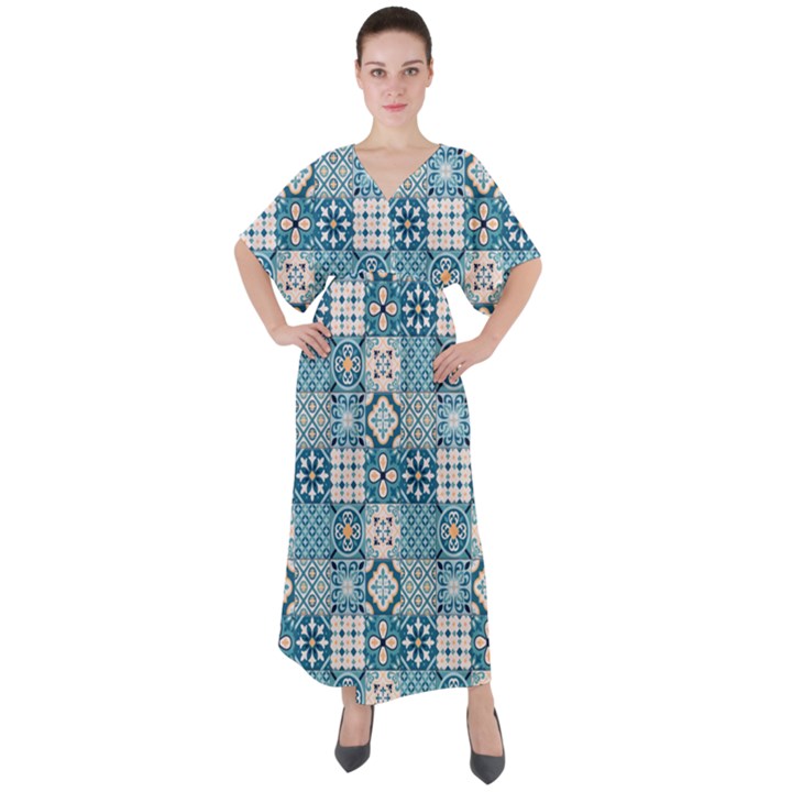 Ceramic Tile Pattern V-Neck Boho Style Maxi Dress